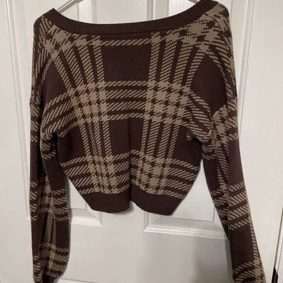 Hollister Women’s XS Crop Cardigan Brown Plaid Sweater Y2K Preppy - Picture 4 of 9